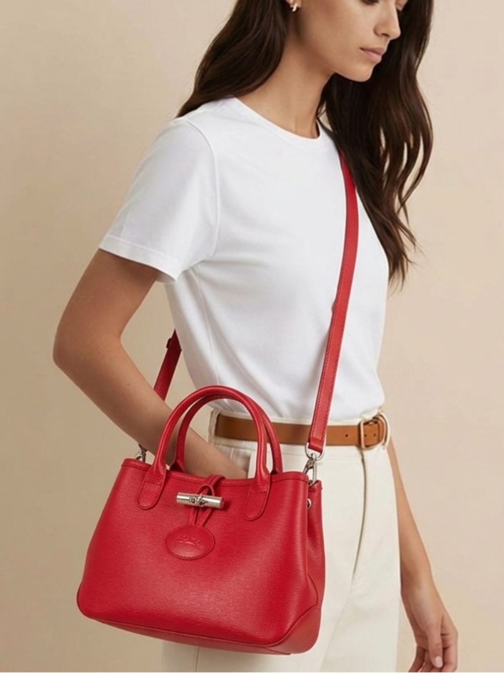 Longchamp Roseau Rare 2Way Coral Red Leather Tote with Top Handles.
